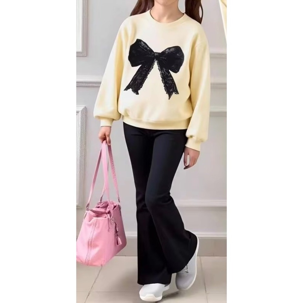 Girls 2 Piece Outfit Set Cream Bow Sweatshirt and Black Flare Pants